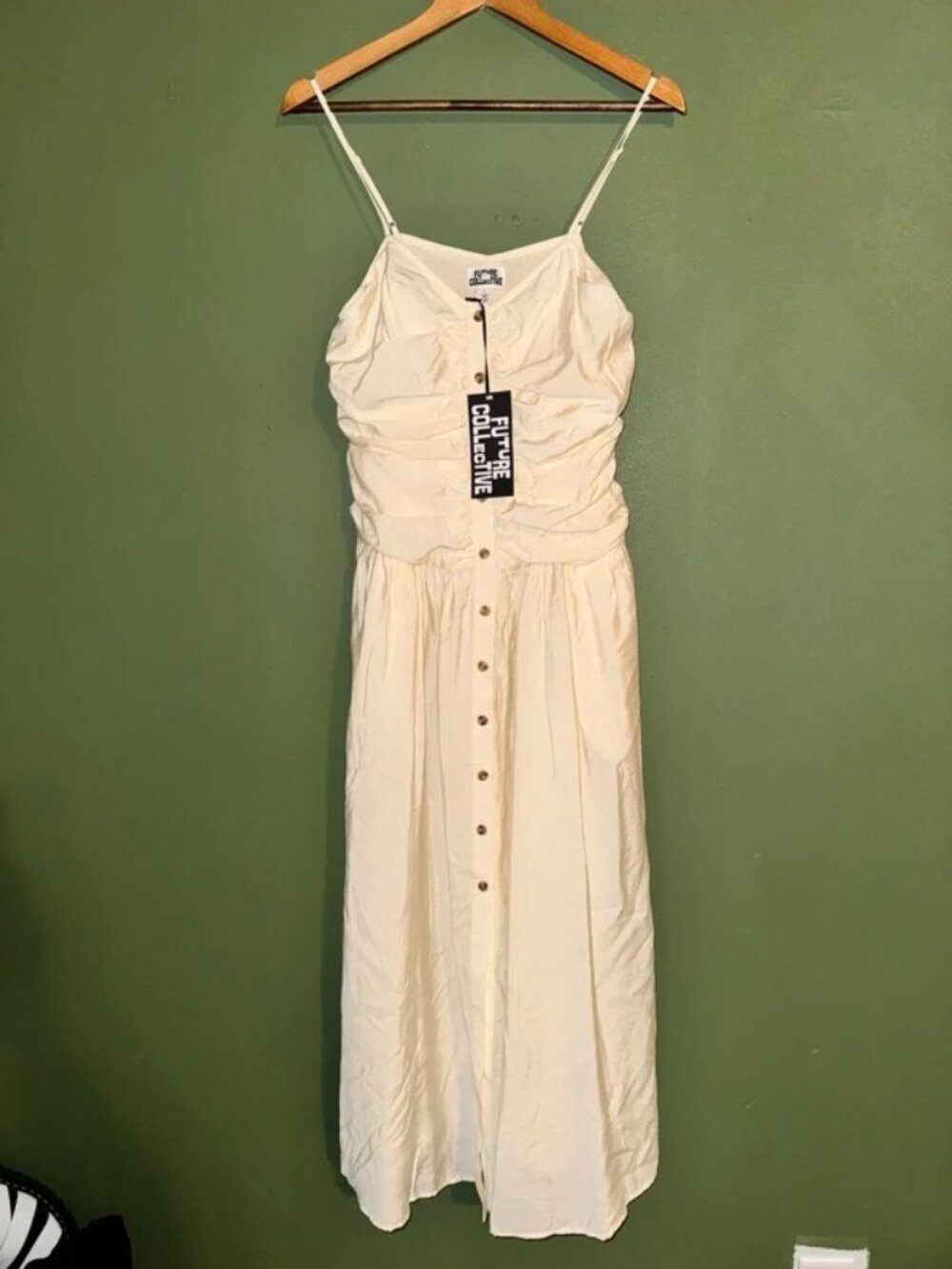 Future Collective Ivory Cream Ruched Button Front Cami Maxi Dress NWT Size S